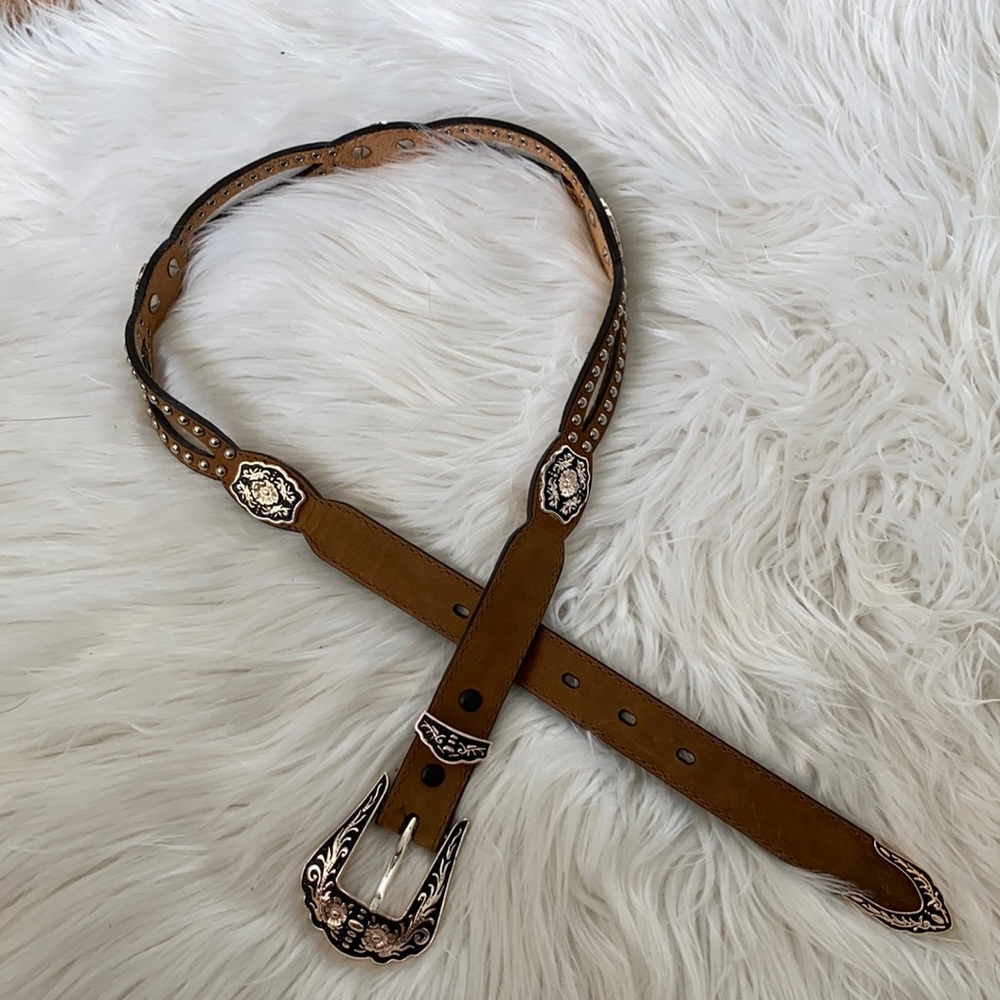 💛 Badger brown leather studded western belt